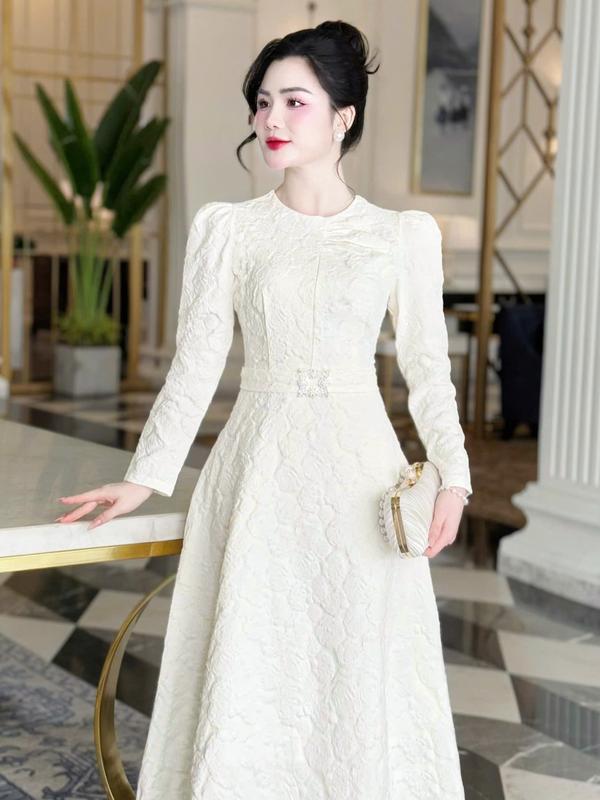 [MIỄN SHIP] MDU4495 Váy Gấm Dập Hoa Cao Cấp - Thiết Kế Dáng Xòe Nhẹ, Cổ Tròn Thanh Lịch Dành Cho Nữ Women Dress Màu  đầm 3
