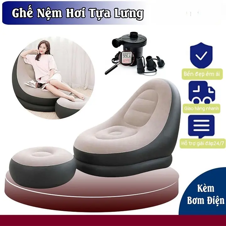 Ghế hơi tựa lưng bọc nhung - Ghế hơi tựa lưng thư giãn cao cấp kèm miếng vá dự phòng sofa để ngủ