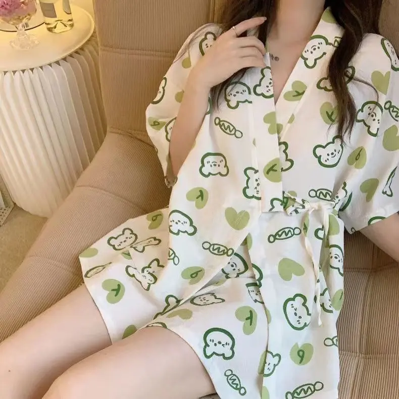 Kimono Bộ Đồ Ngủ, Dành Cho Phụ Nữ, Mùa Xuân Và Mùa Thu, Bộ Đồ Hai Mảnh Dài Tay Áo, Dáng Rộng Vừa Vặn, Phong Cách Người Nổi Tiếng Trên Internet, Chủ Đề Mặt Trời, Phong Cách Hoạt Hình Ngọt Ngào, Thích Hợp Mặc Nhà, 2024