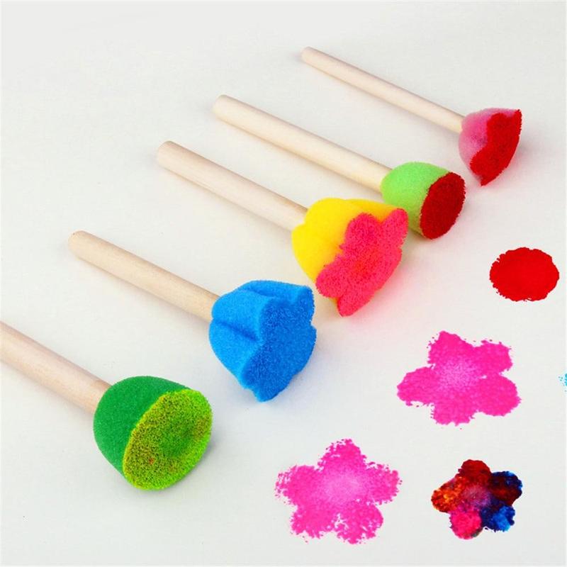 5pcs/set Random Color Kids Sponge Stamp Brush Kit, Paint Learning Sponge Brush, Print Pattern Brushes with Wooden Handle, Art Supplies, DIY Kit, Craft Supplies 0