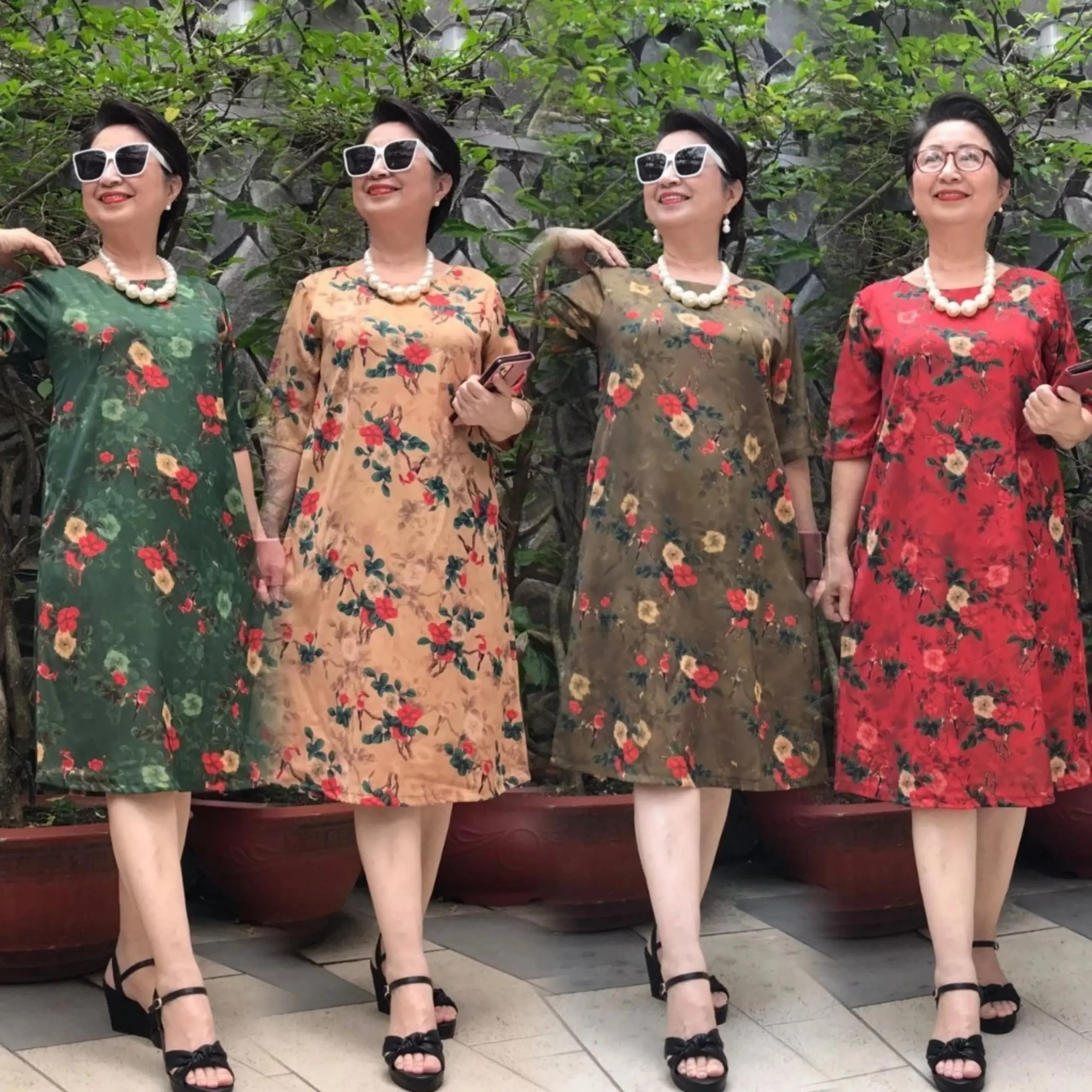 Váy Đầm Trung Niên form Suông A Che Bụng - Vải Lụa 2 Da Cao Cấp Sang Trọng, Mềm Mại- 2 Túi, Dây Kéo Tốt- Size Từ 48Kg - 90Kg. Nữ Women