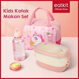 Eatkit Kids Kotak Makan Set Anak 1600ML 2 Lapis Anti Tumpah & Tahan Panas Motif Bunga & Huruf Imut BPA Free Aman Microwave Dengan Tas Gelas Sendok Garpu & Cup Sambal Gampang Dibawa