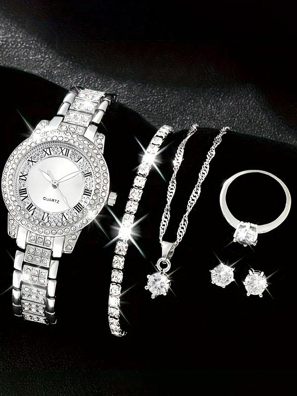 Women's Elegant Round Dial Quartz Watch & Jewelry Set, Including Watch & Ring & Earrings & Bracelet & Pendant Necklace, Fashion Watch Set for Party, Daily Decor, Exquisite Watch Set for Gift 0