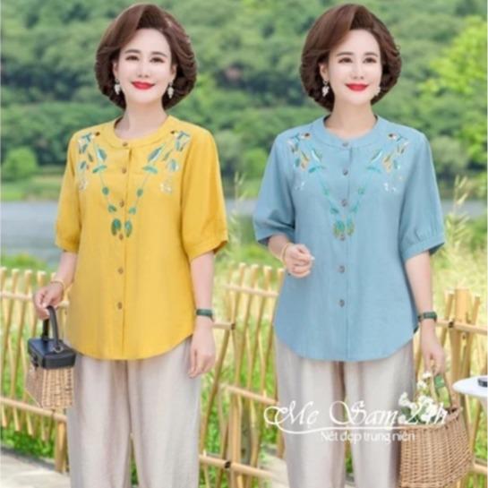 Áo Sơ Mi Nữ Trung Niên Cổ Tròn Tay Lỡ Thêu Hoa Thanh Lịch, Áo Kiểu Nữ Tặng Mẹ Form Rộng Bigsize Mẹ Sam 24h - SMH.60 Top Women Voan Shirt