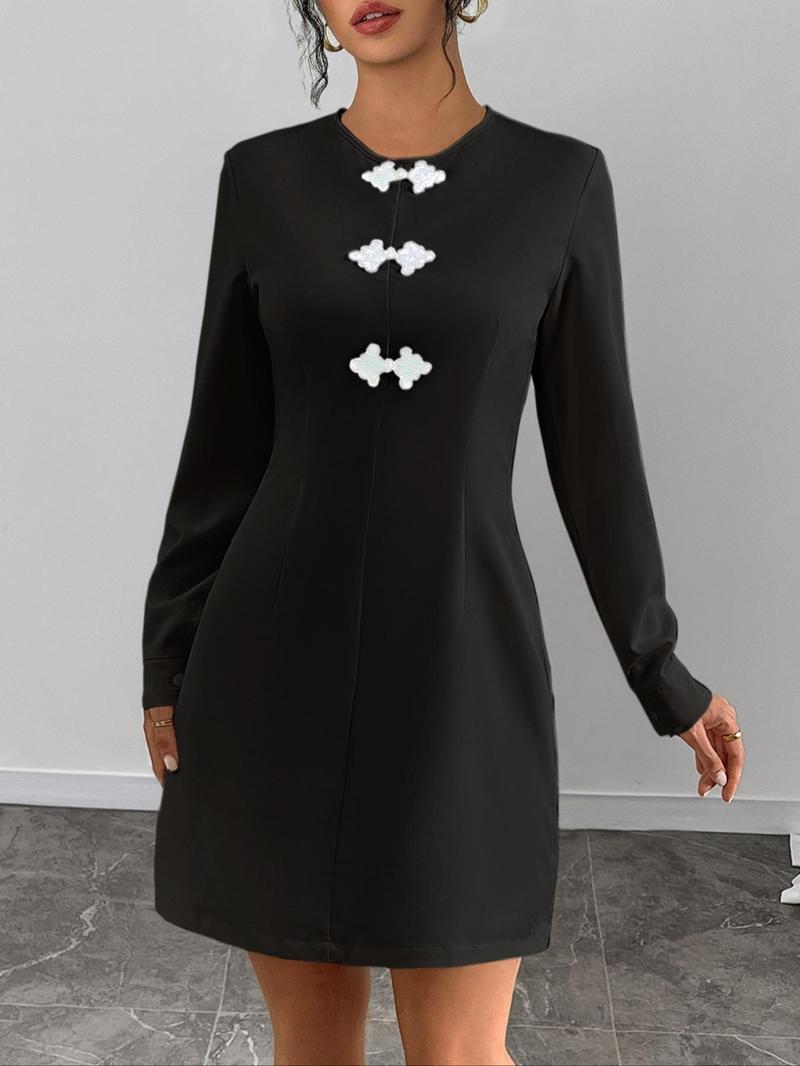 Product Introduction of Women's Round Neck A Line Dress, Casual Long Sleeve Short Dress for Spring & Fall, Women's Clothing for Daily Wear Valentine's Day, gift 7