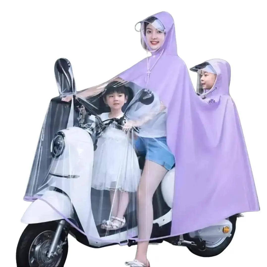 Áo mưa 2 đầu, nửa trước trong suốt kèm kính chắn mưa cho mẹ và bé tà áo siêu rộng che phủ toàn thân