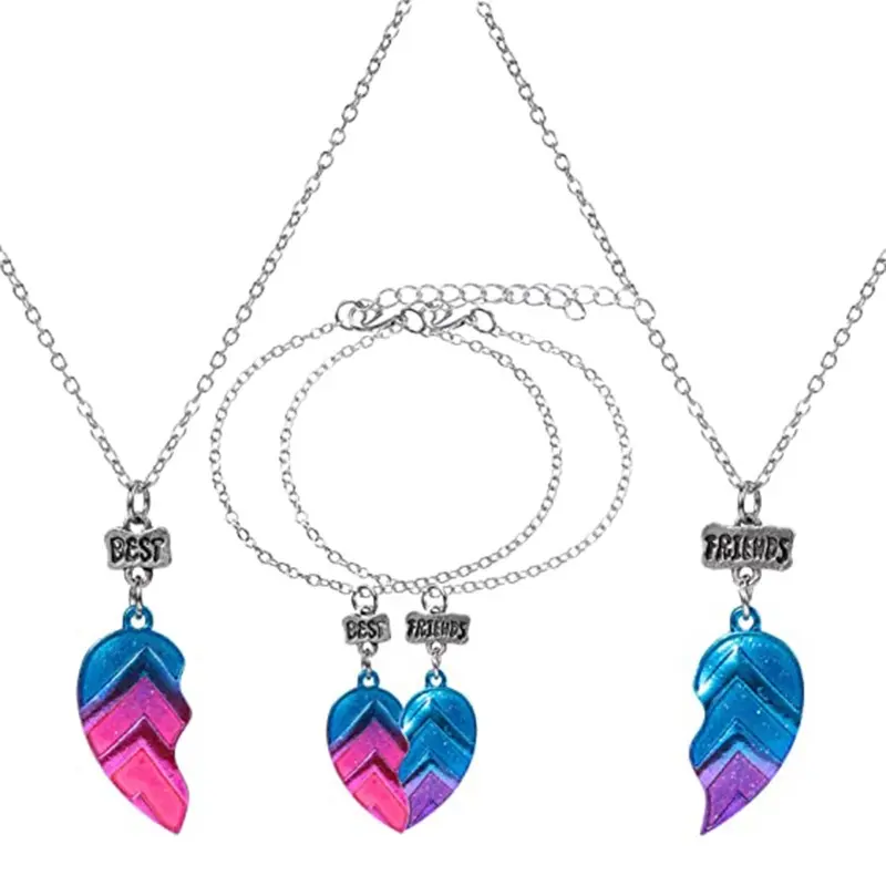 【Available】 2pcs/4 pcs BFF Necklaces Bracelets, Half Heart Pendant Best Friends Fashion Chain Friendship Jewelry Set for Girl Lady