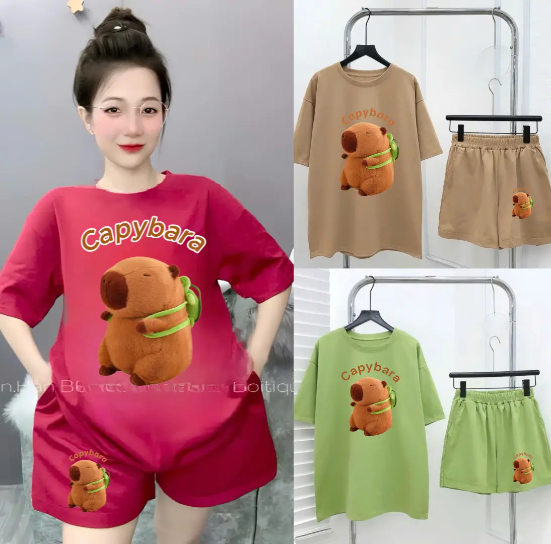 Bộ quần áo cộc tay nữ in hình thú cưng capybara, chất liệu cotong su, mặc thoáng mát thấm hút mồ hôi tốt bộ  quần set thường set  áo sét  váy set  bộ Women Thun Top Màu Trắng