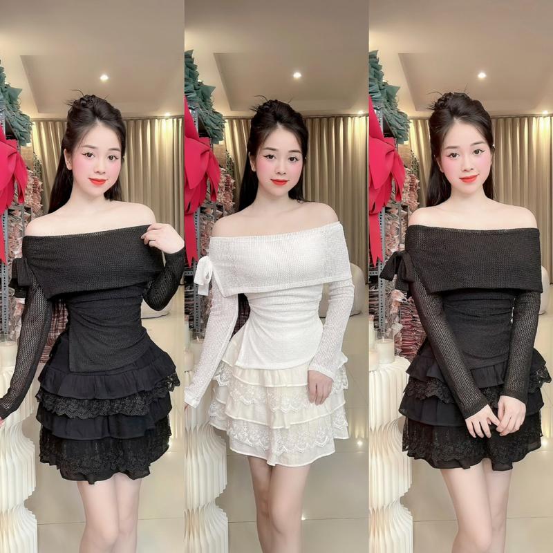(N44) Set ren thiết kế hai món áo ren cách điệu phối nơ + chân váy ren xếp ly tầng sét đồ nữ sang chảnh set váy nữ đi tiệc đi làm đi chơi đều đẹp by Thương Lê N44