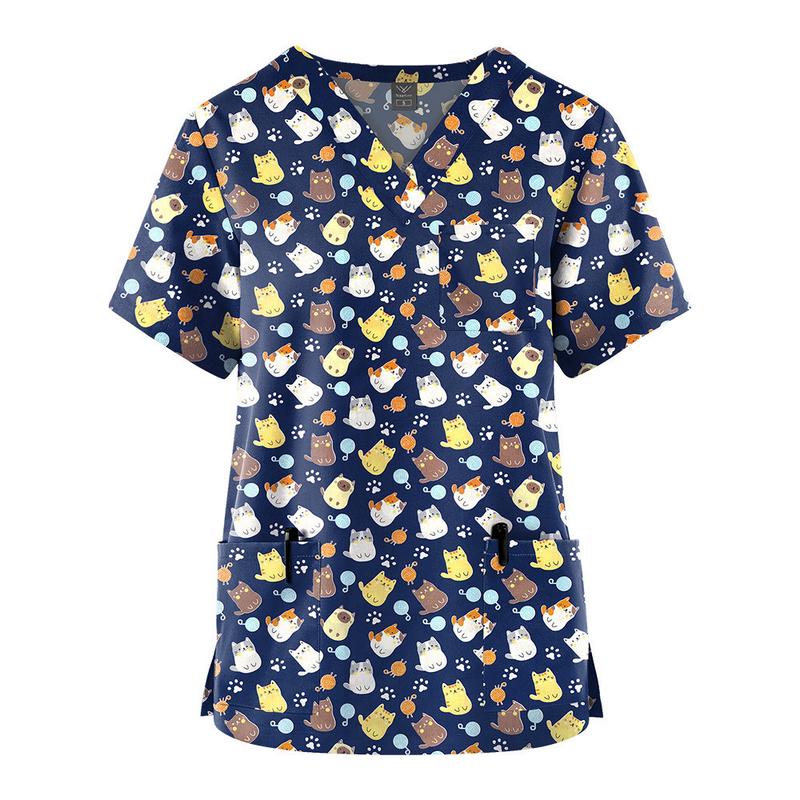 Product Introduction of Newest Fashion Unisex Nurse Doctor Uniform Workwear Scrub Top Cotton V-Neck Short Sleeves Pocket Printed T-Shirt (Size:S-XXL) 24