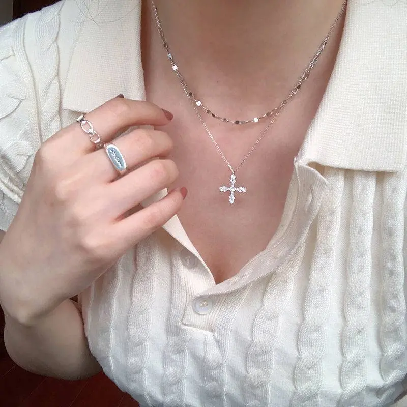 Light Luxury Cross Necklace for Women, Niche Design, Double Layer Stacked Simple Cold Style Choker Collarbone Chain Trend