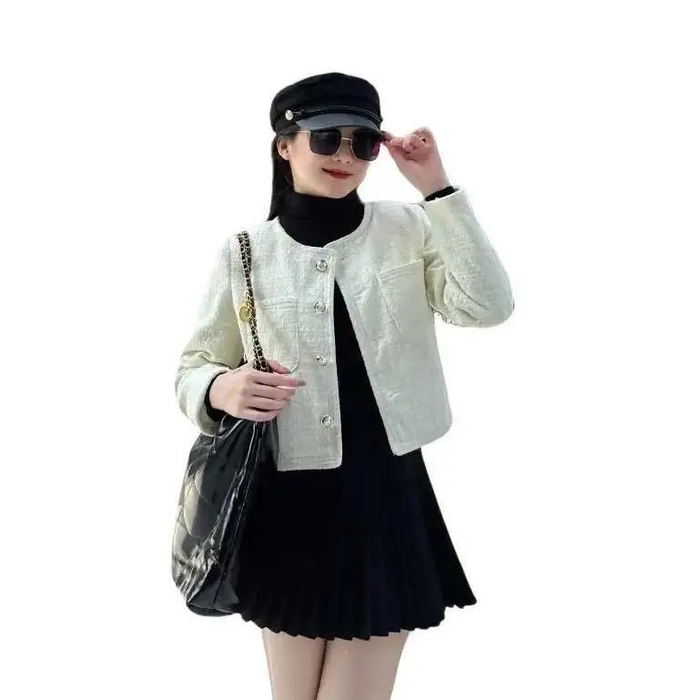 áo dạ tweed nữ MÀU TRẮNG nhung dáng ngắn cúc đồng 2 lớp cao cấp tiểu thư mùa đông hàn quốc