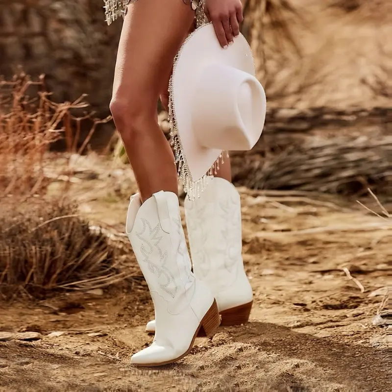 Women's Retro Western Cowboy Boots, Pointed Toe V-cut Chunky Heeled Boots, Casual Pull On Mid Calf Boots