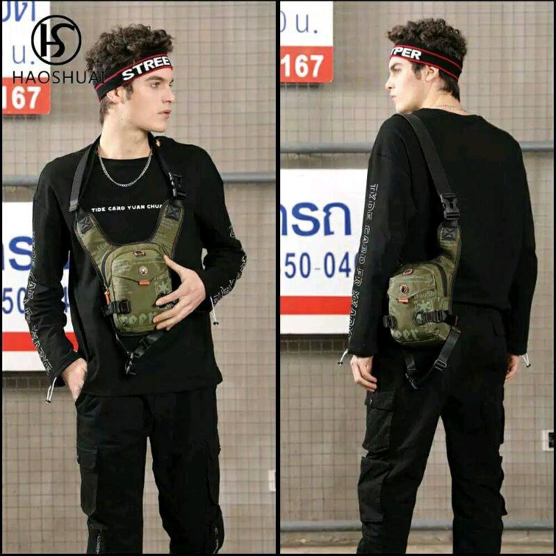 Tas Selempang Pria Sling bag Tas paha multifungsi Waistbag Hitam Pinggang 7