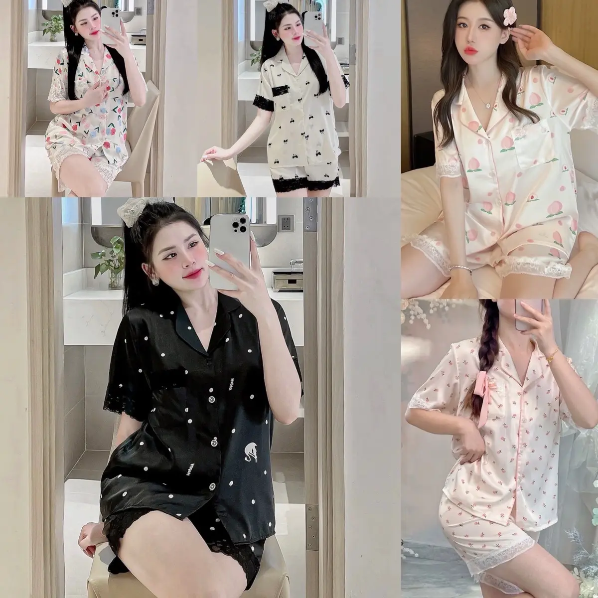 Bộ Lụa Latin Mịn Mềm Tay Ngắn Quần Đùi Cúc Đính Đá Phối Ren Mềm Mịn Đẹp Nhiều Hình Quả Đào Nơ Nhí Hoa Nhí Cho Nữ Mặc Nhà Quần Ngủ Áo Ngủ Women Nho