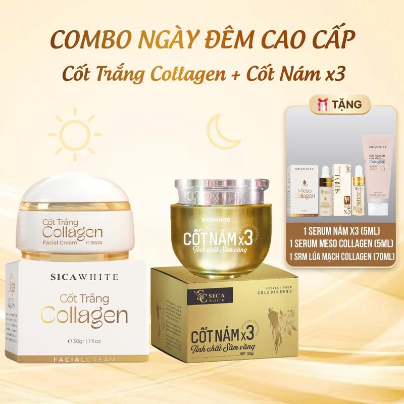 [H36] - (Combo Ngày Đêm)Cốt Trắng Collagen Tặng Serum Meso (5ml) - Cốt Nám X3 Tặng Serum Cốt Sâm (5ml) - Tặng 1 Sữa Rửa Mặt Collagen (70ml) - Skincare Chăm Sóc Da (H36)