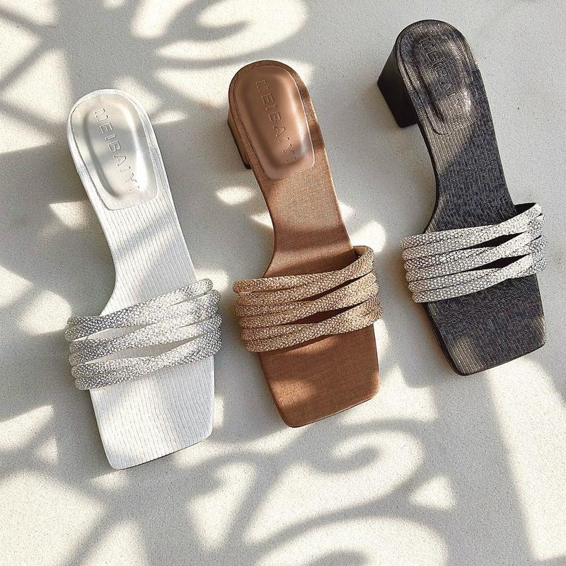 ( Chân gầy lùi size ) Guốc Nữ Mũi Vuông, Dây Đá Xoắn 3 Chữ X, Gót Cao 5Cm Mũi vuông DéP Shoes GiàY