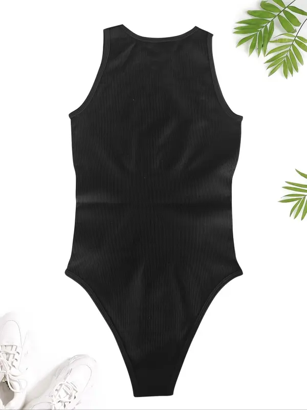 Women's Solid Round Neck Sports Bodysuit, Breathable Comfortable Sleeveless Tank Bodysuit for Yoga Gym Workout, Summer Outfits 2024, Ladies Sportswear for All Seasons 3