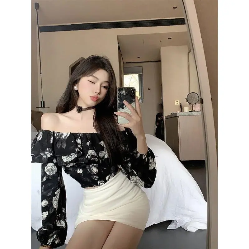 Áo Cánh Voan, Cao Cấp, Trễ Vai, Xếp Nhún, Thiết Kế Hoa, Dáng Ngắn, Phong Cách Phương Tây, Trông Trẻ Trung, Thích Hợp Cho Mùa Xuân Và Mùa Hè, Hàng Mới Về, Dành Cho Nữ Top Women