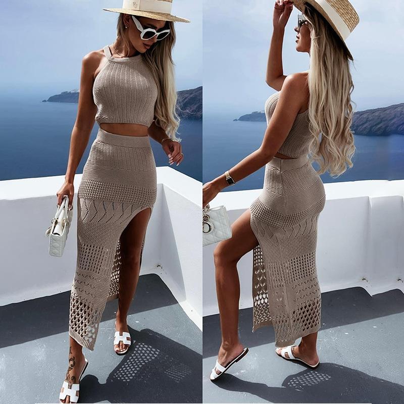 TikTok Shop: European and American New Summer Beach Dress Suit Short Top  Split Sheath Skirt Two-Piece Set Dress