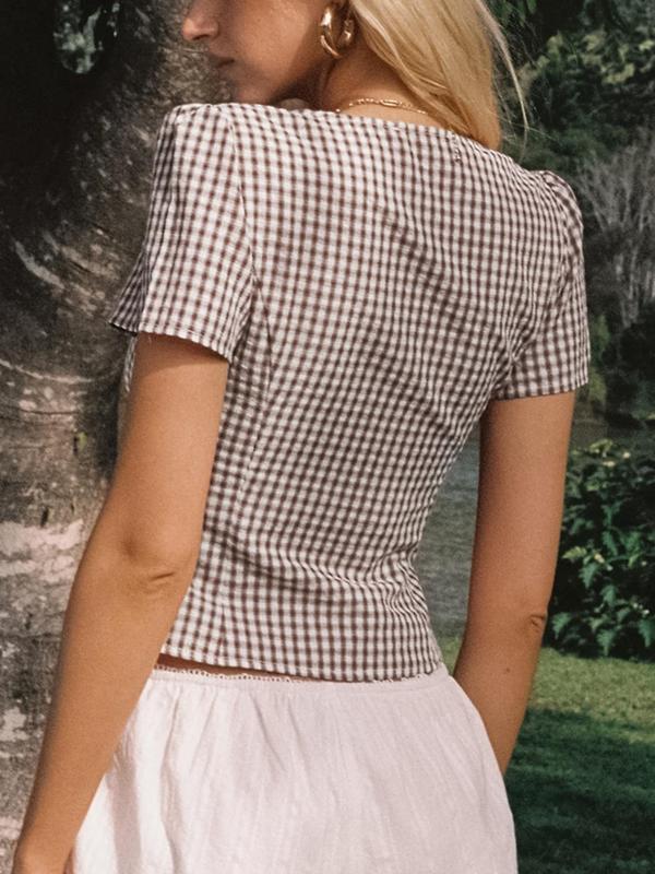 Women's Plaid Print V Neck Blouse, Casual Short Sleeve Top for Summer, Ladies Clothes for Daily Wear 7