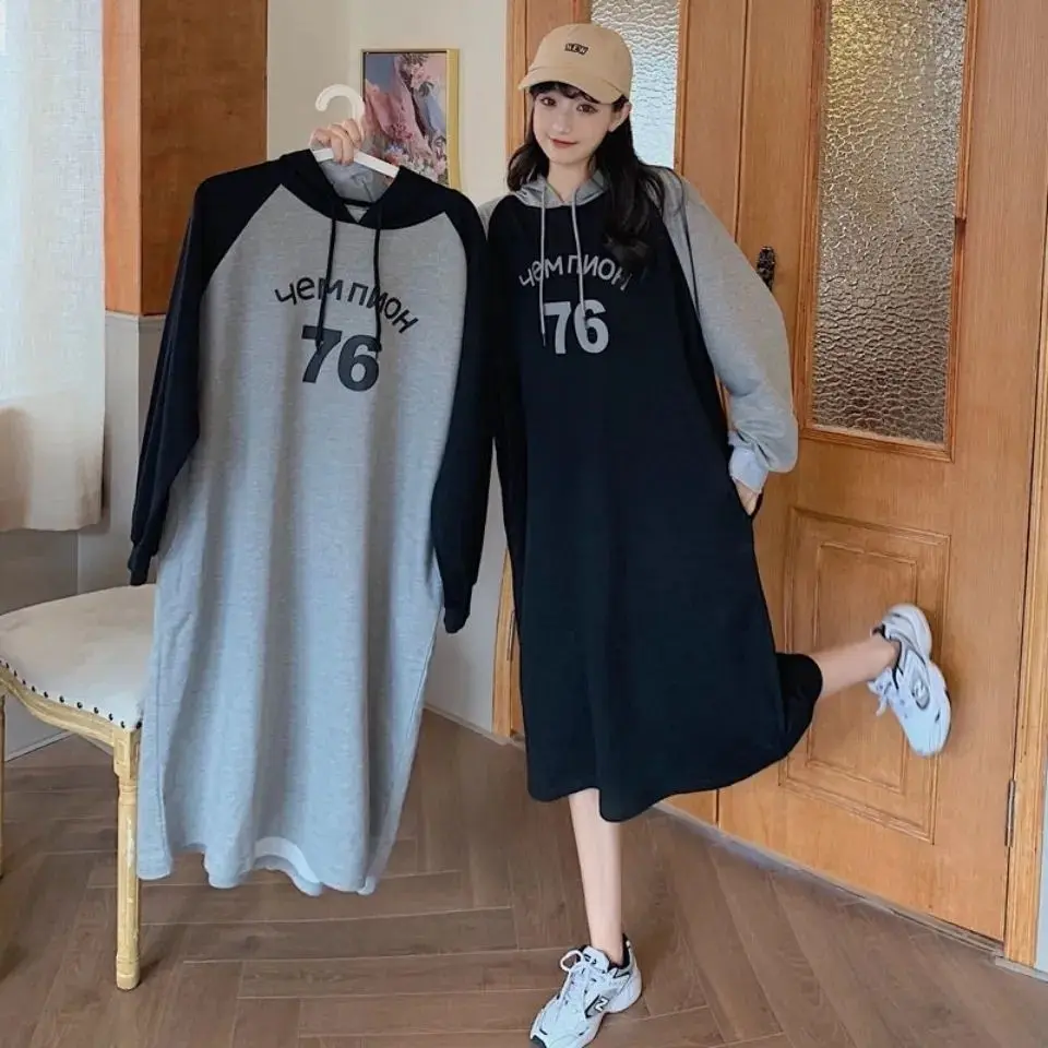 Oversized Oversized Plus Size 150KG Korean Style Women Midi Hoodie T-Shirt Dress Round Neck Half Long Sleeves Letter Number Printed Dress