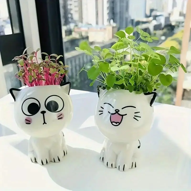 Cute Cat Design Ceramic Flower Pot, 4 Counts/set Mini Cartoon Cute Potted Plant, Desktop Potted Plant for Home Office School Decoration 4