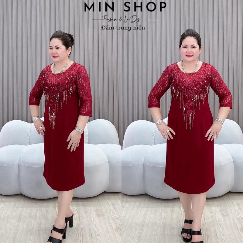 Đầm body trung niên cao cấp hoa ren kết đá cổ 3D Min Shop - Voan, Nữ Women Sen Dress Voi Kem Hoa Sen Đen Đỏ 8