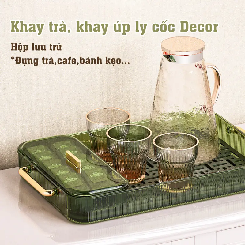 Khay trà, khay úp ly cốc trong suốt 2 lớp kèm hộp lưu trữ đựng trà, cafe đa năng chất liệu nhựa acrylic cứng cáp 6