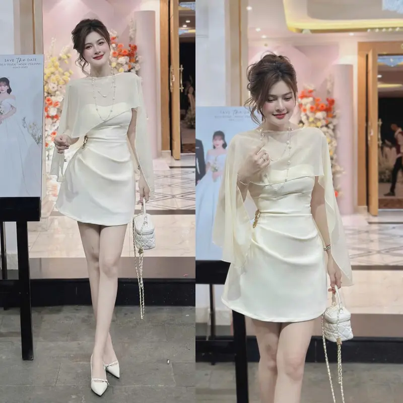 Đầm dự tiệc cúp ngực thiết kế nhúng eo dáng ngắn  kèm áo choàng  sang chảnh 2