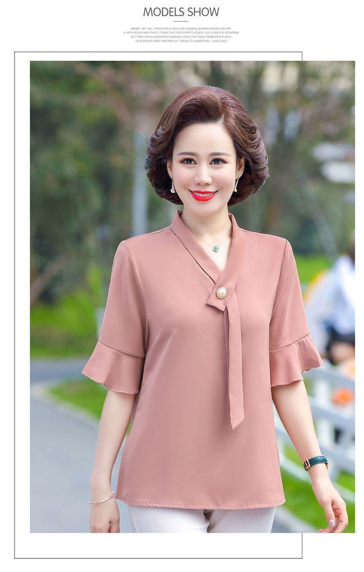 Product Introduction of Áo Phong Cách Phương Tây Ngắn Tay, Quần Áo Cho Mẹ, Thích Hợp Cho Mẹ TRUNG NIÊN Và TRUNG NIÊN, Hàng Mới Về, Dáng Rộng Vừa Vặn, Làm Bằng Voan, 40-50 Tuổi Nữ Top Women Shirt Sơ Mi 10