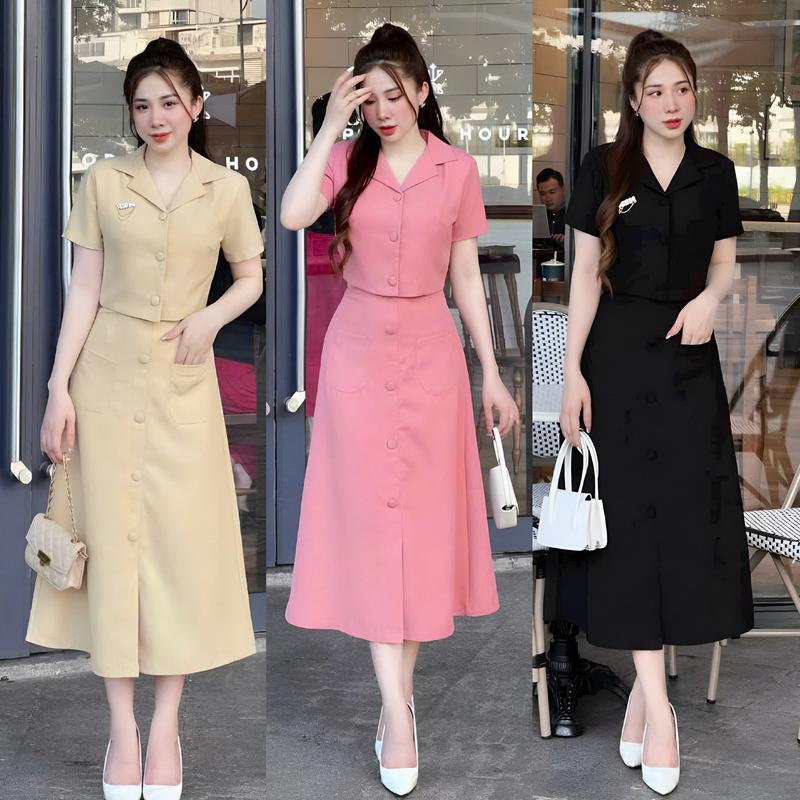 Bộ áo váy nữ coton lạnh áo ngắn tay cổ bẻ mix chân váy dài nút bọc xinh xắn dành cho các nàng diện đi chơi đi tiệc