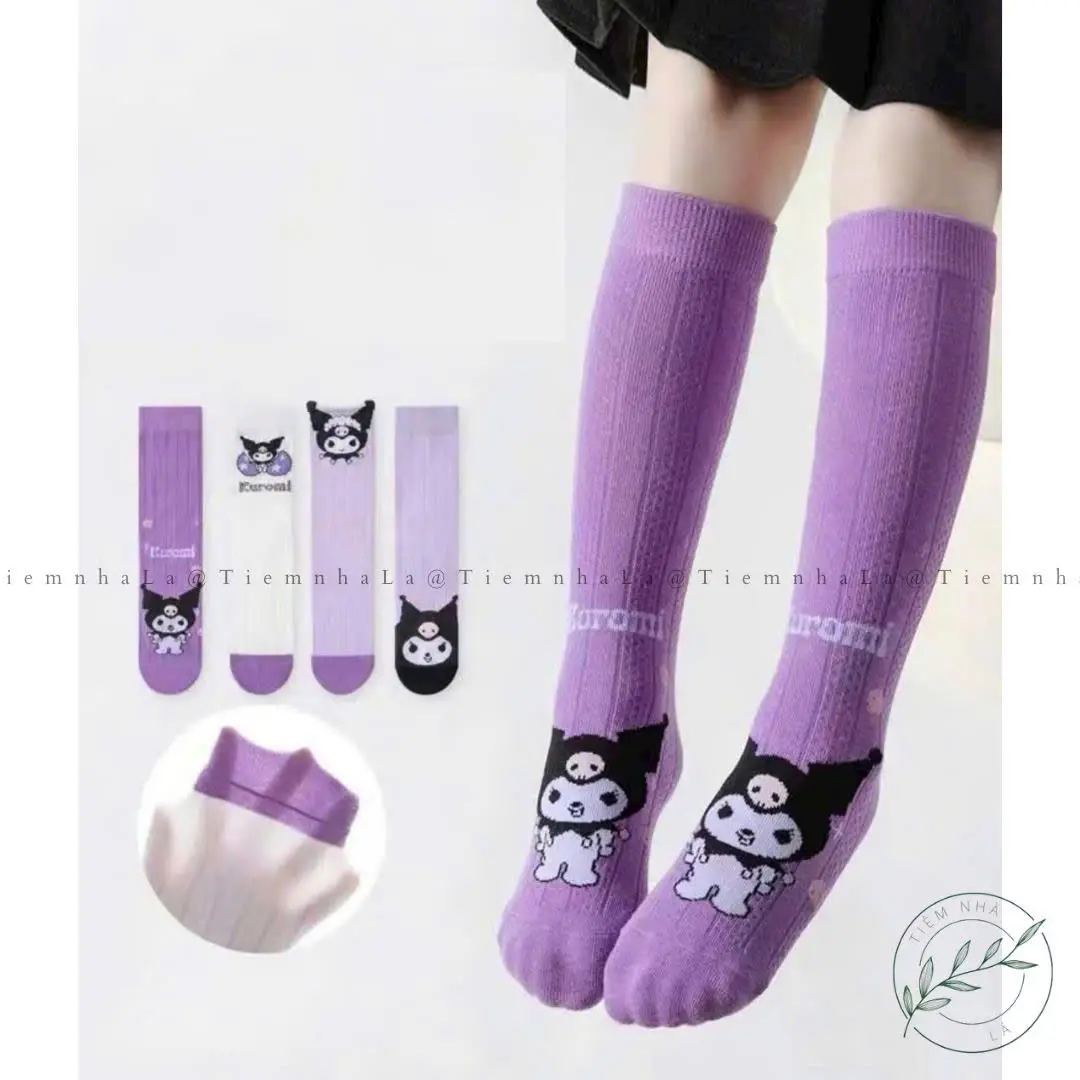 Set 5 Đôi Tất Cổ Cao Kuromi Dành Cho Các Bé Từ 3 - 12 Tuổi Đáng Yêu, Chất Cotton Thoáng Mát