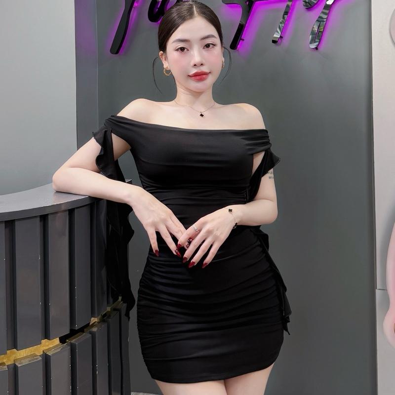 F88 ĐẦM BODY NGẮN NHÚM TRỄ VAI ,DÂY TUA RUA Nữ Women