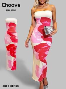 Women's Floral Print Tube Dress, Elegant Strapless Long Dress for Party Dating Wear, Ladies Clothes for Summer
