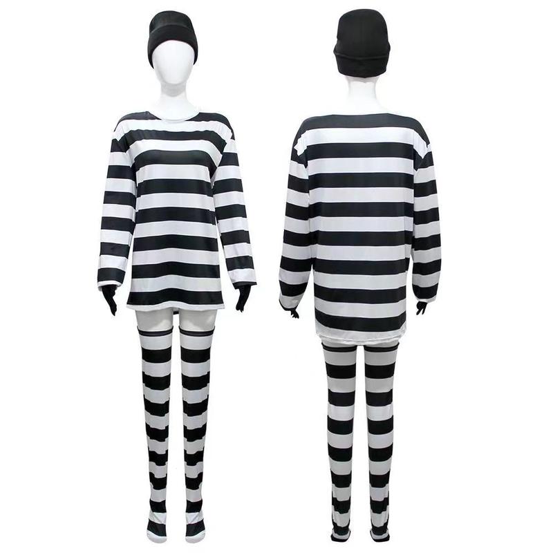 Product Introduction of Halloween Christmas Thief Cos Costume Black and White Striped Thief Cosplay Funny Costume Hat Purse Full Set 4