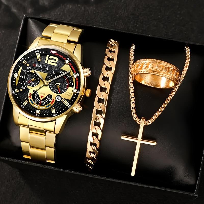 Natural Jewelry Fashion Casual Elegant Business Wristwatch + Versatile Cross Steel Band Necklace Bracelet Set Simple Fashion 5