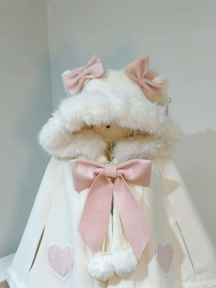 Product Introduction of 2024 Autumn and Winter New Sweet Cute Rabbit Ears Woolen Cloak Loose Youthful-Looking Bow Hooded Chic Coat 5