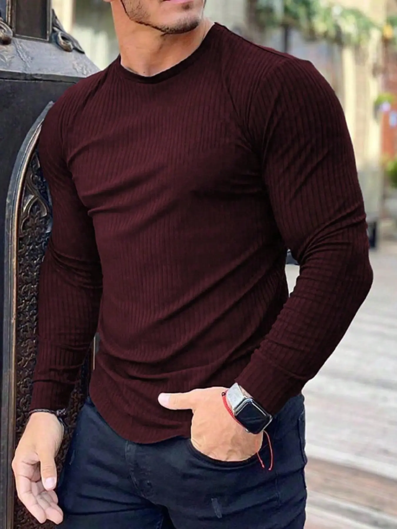 Men's Solid Round Neck Ribbed Tee, Regular Fit Casual Long Sleeve Crew Neck T-shirt for Fall & Winter, Men's Top for Daily Wear