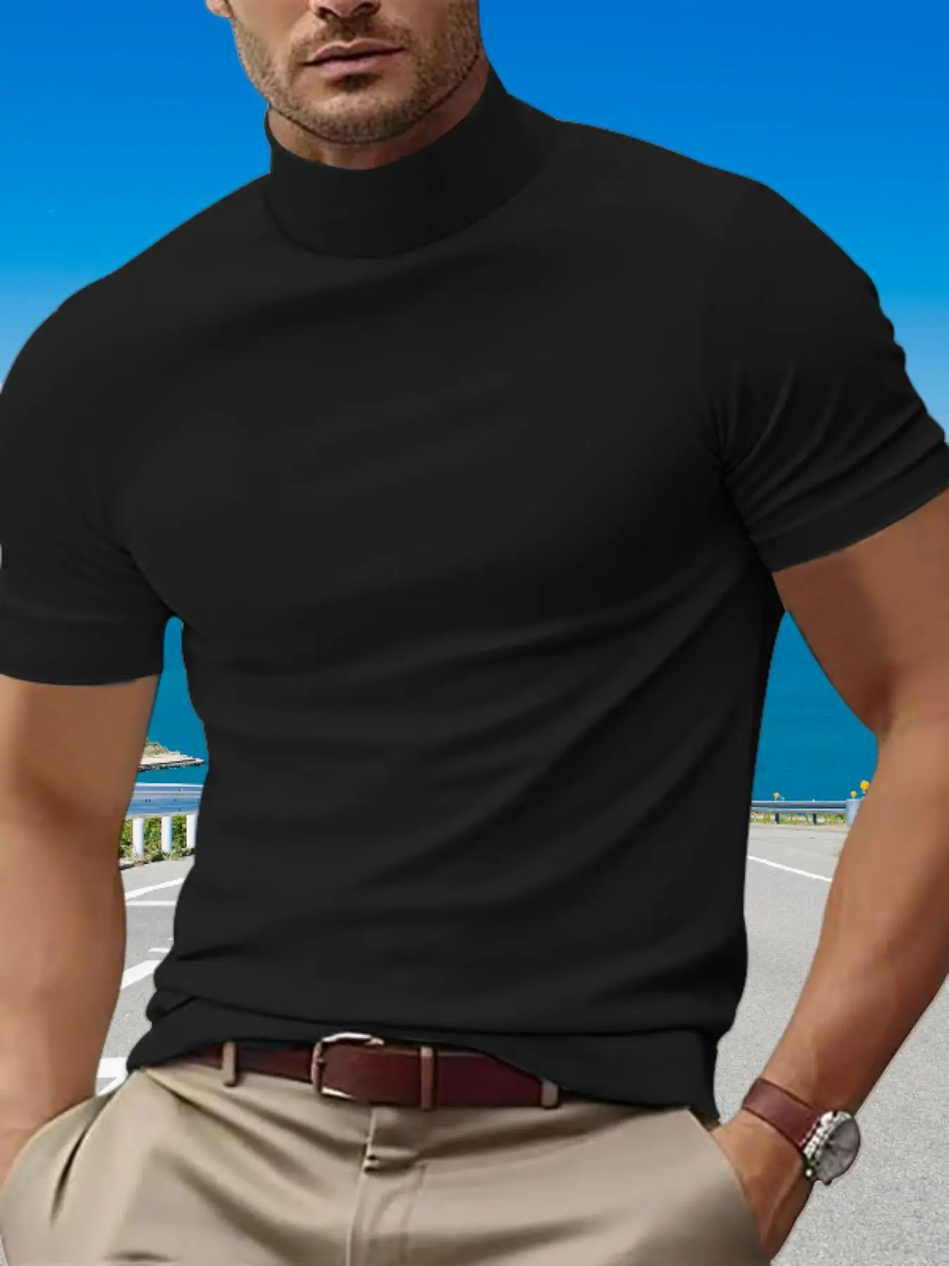 Men's Solid Turtleneck Tee, Regular Fit Casual Short Sleeve T-shirt for Summer, Men's Top for Daily Wear, Tropical