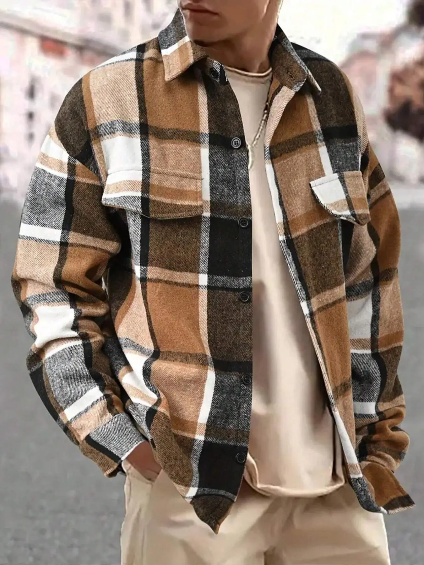 Men's Tartan Print Fake Pocket Button Front Shirt, Regular Fit Casual Long Sleeve Collared Top for All Seasons, Fashion Men's Clothes for Daily Wear