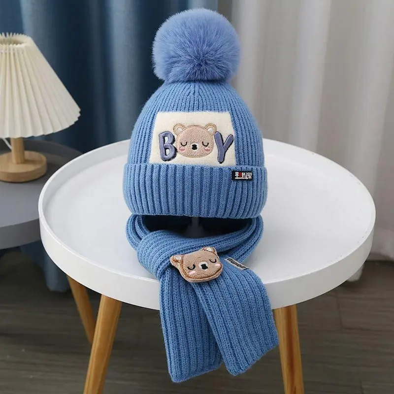 Bộ Mũ Len Và Khăn Quàng Quàng Cổ Cho Em Bé Hình Gấu Dễ Thương, 2 Chiếc, Mùa Đông, Với Pompom, Mũ Dệt Kim Cho Trẻ Sơ Sinh, Màu Trơn Thiết Kế Hoạt Hình, Mũ Bảo Vệ Tai Cho Trẻ Em Voi 8