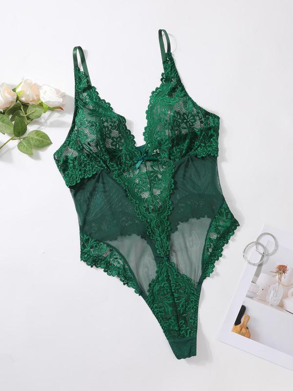 【Plus Size】 Floral Lace V Neck Backless Cami Bodysuit, Elegant Contrast Lace Spaghetti Strap Bodysuit for Women, Women's Sleepwear for All Seasons 1