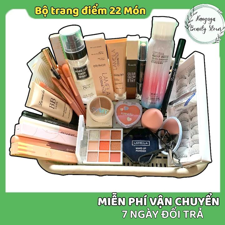 Combo 22 món X4 trang điểm mặt: Xịt khoá make-up, xịt chống nắng, kem nền lameila, kem lót, phấn phủ, bộ cọ, phấn má hồng.... đầy đủ như hình ảnh, Son Mỹ Phẩm