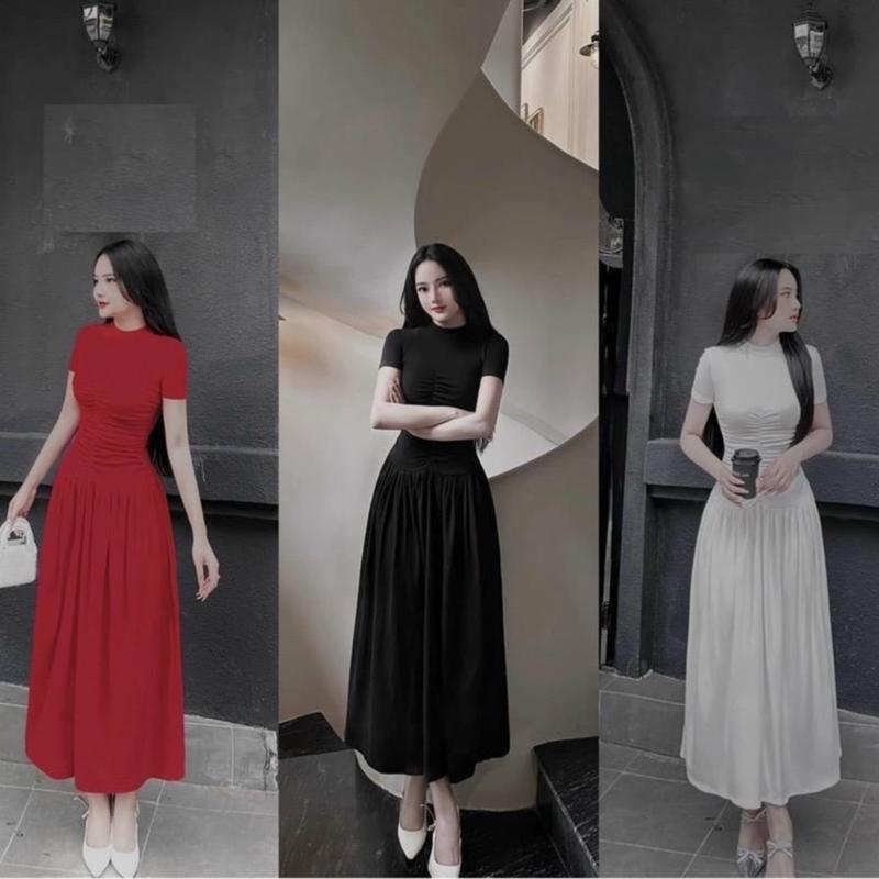 D16 Đầm Body tay ngắn dáng xoè dài, chất tăm lạnh mềm mịn co dãn Women Nữ Dress