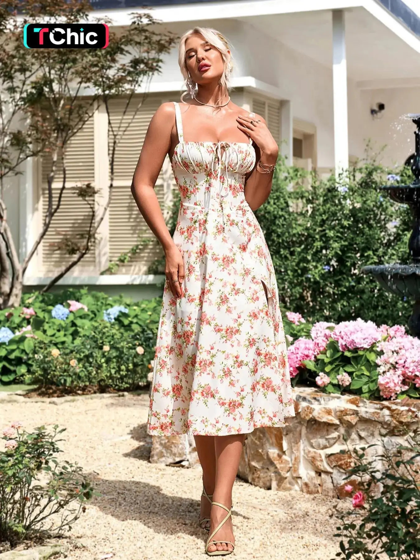Women's Floral Print Lace Up Split Thigh Cami Dress, Boho Ruched Tie Front Sleeveless Midi Dress for Beach Holiday Vacation, Ladies Summer Clothes Frenchy Style, Going Out Dresses