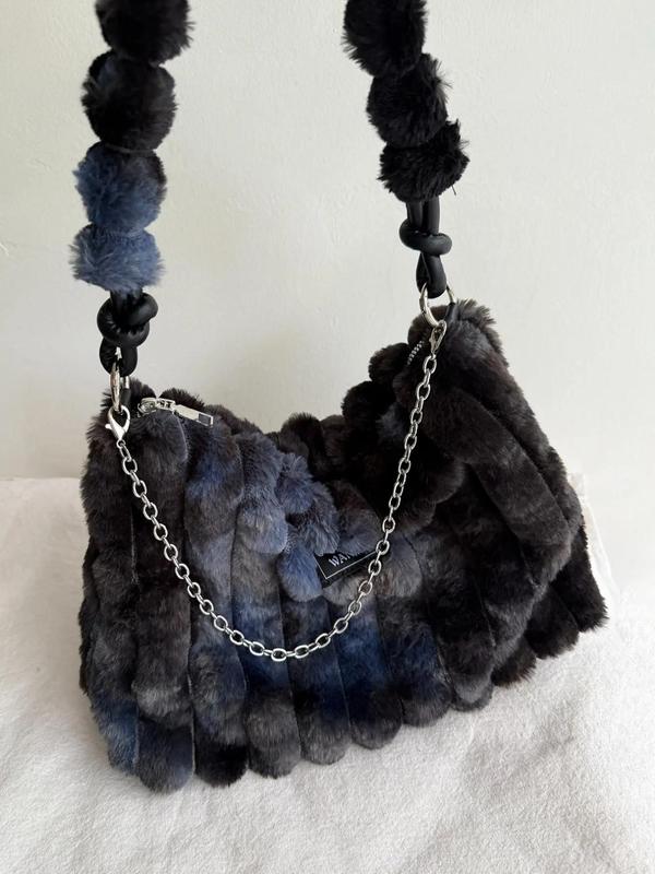 Women's Tie Dye Fluffy Purse Shoulder Bag with Chain Strap, Trendy Large Capacity Square Bag for Women for Fall & Winter, Female Underarm Bag for Party, Club 3