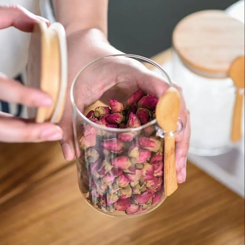 Clear Glass Storage Jar with Wooden Spoon Set (2 Sets), Household Food Storage Container with Bamboo Lid, Kitchen Utensils, Anti-breakage Packaging Sealed Bottle Set 3