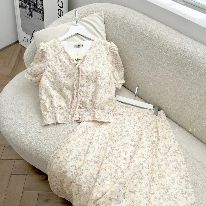 Bộ áo kèm chân váy hoa nhí thêu màu be nhẹ nhàng thanh lịch đi làm đi tiệc V138 Nữ Kem Top Women 6