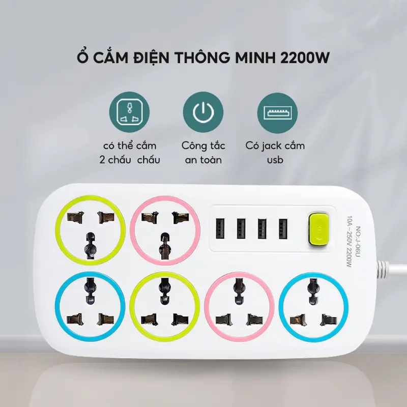 Ổ Cắm Điện Đa Năng Có Cổng Sạc USB 6-8 Lỗ JYoohome Chống Giật Có Công Tắc An Toàn Chịu Tải 2200W 1